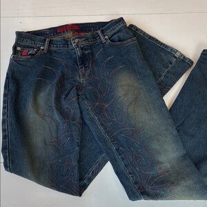 Y2K Early 2000s Bongo Low Rise Bootcut Embroidered Faded Blue Jeans